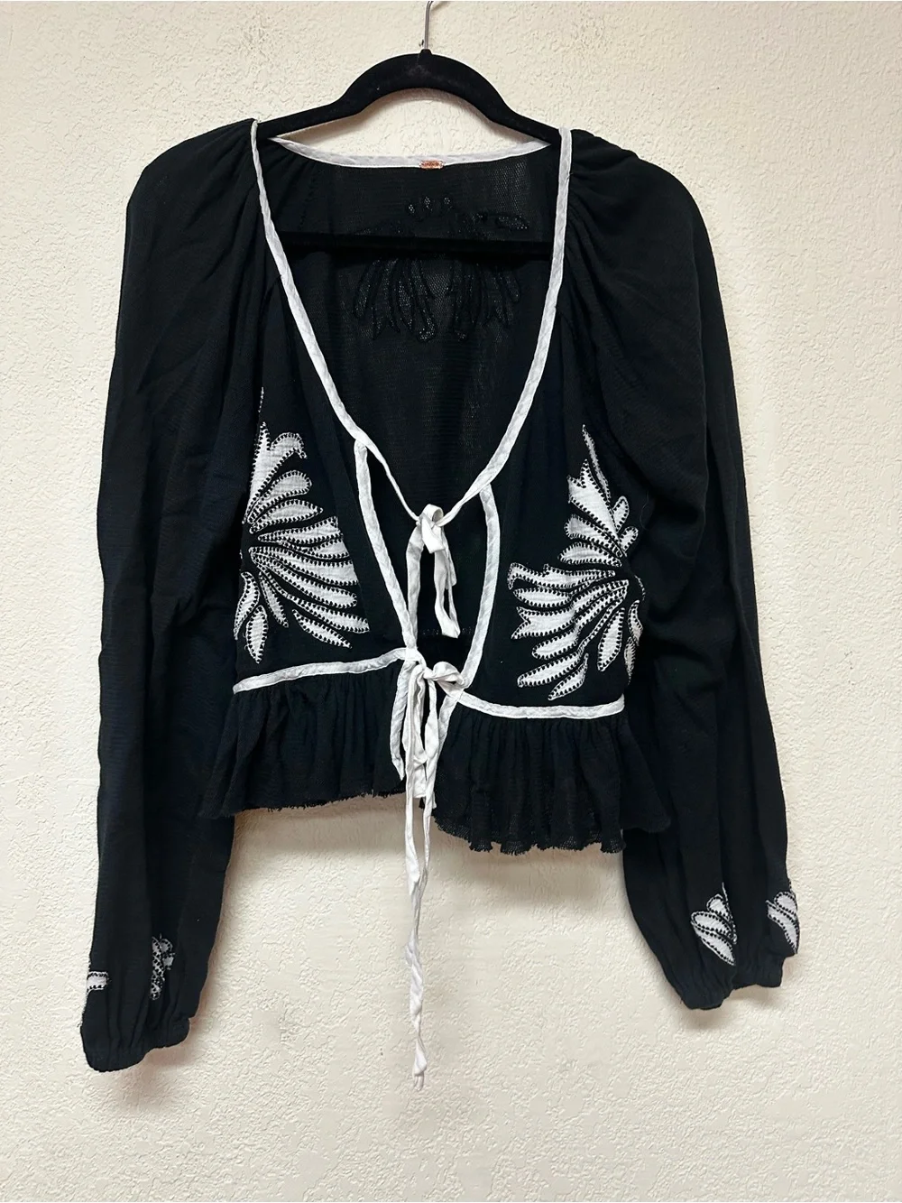 Free People womans boho Black Embroidered Tie-Front Peasant Top size M